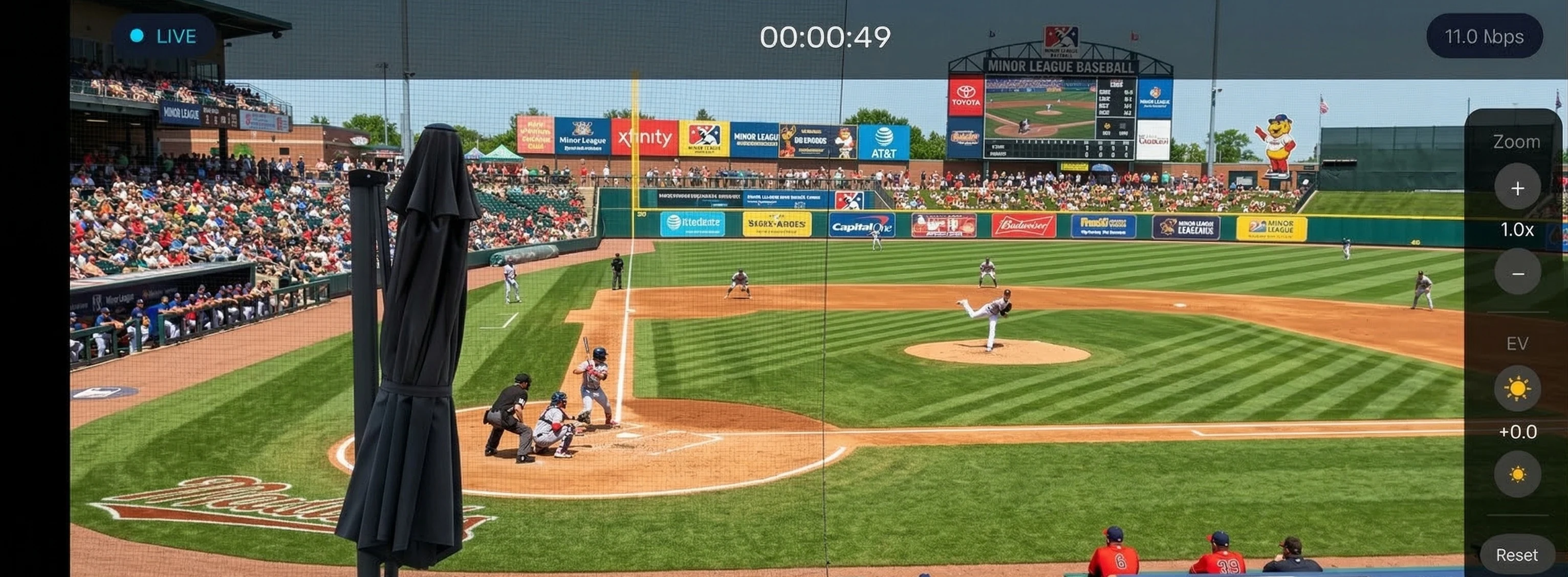 Live streaming with camera controls, zoom, and EV adjustment