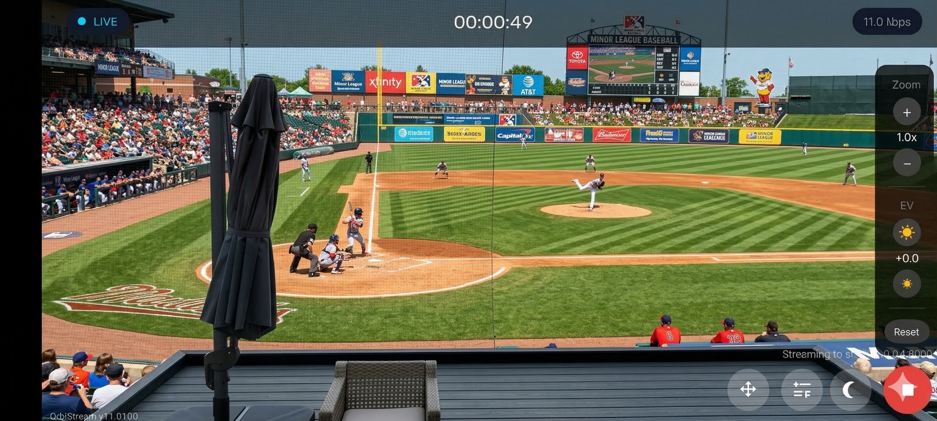 Live streaming with camera controls, zoom, and EV adjustment